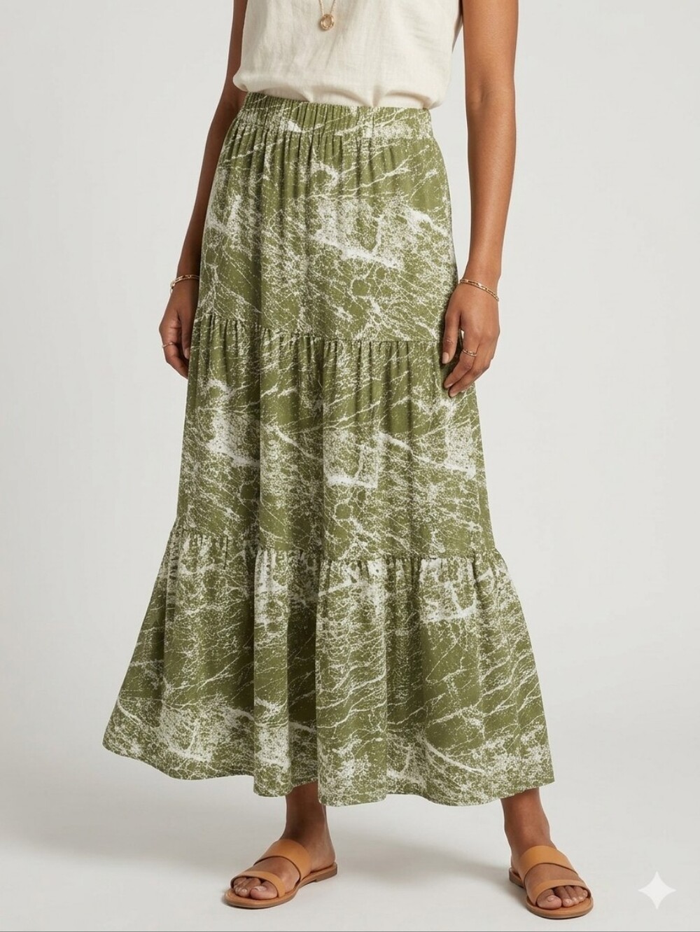Lularoe NWT Tiered Maxi Skirt in Olive Green And Cream, Size XL